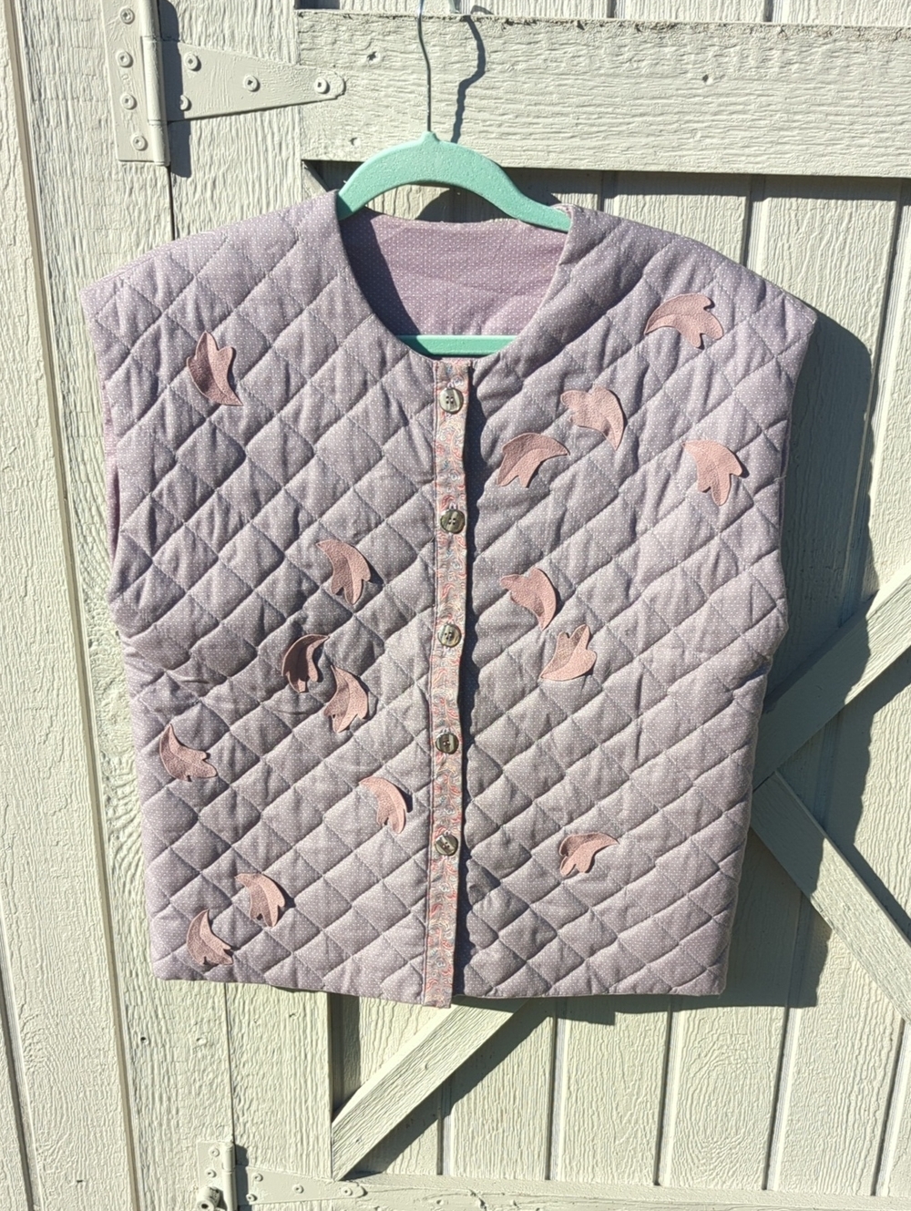 Handmade Quilted Lavender Jacket with Pink Appliqué Leaves
